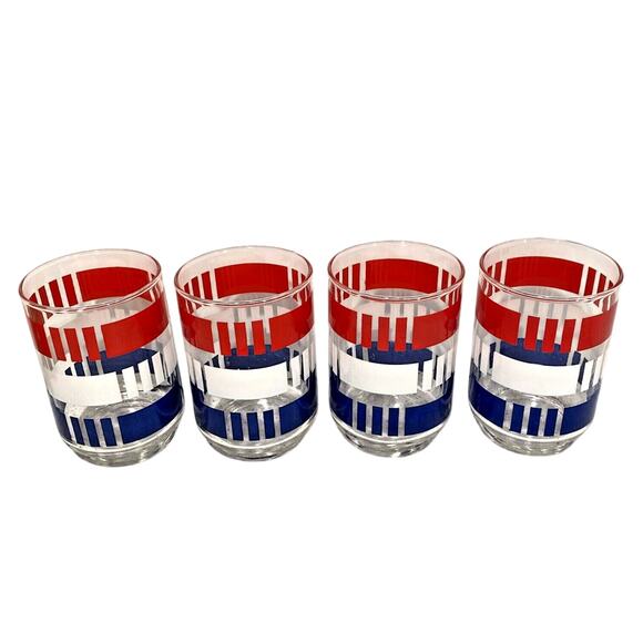 Vintage Libbey Glasses (4) Red White & Blue Americana Mod Stripes Patriotic Set - Picture 1 of 9